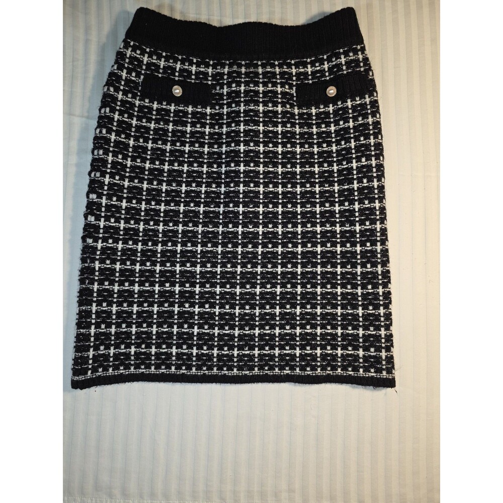 Calligraphic Plaid Tweed Skirt Women's Medium Black White Knit Pearl Buttons